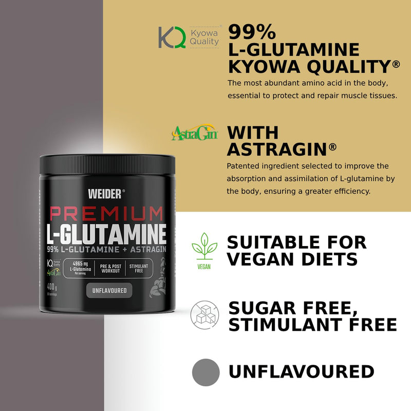 Weider Premium L-Glutamine (400g) Unflavoured, 99% Kyowa Quality® L-Glutamine + AstraGin® to improve absorption, Supporting Muscle Protection, Muscle Growth, Immunity, Pre/Post Workout, Stimulant free 400g