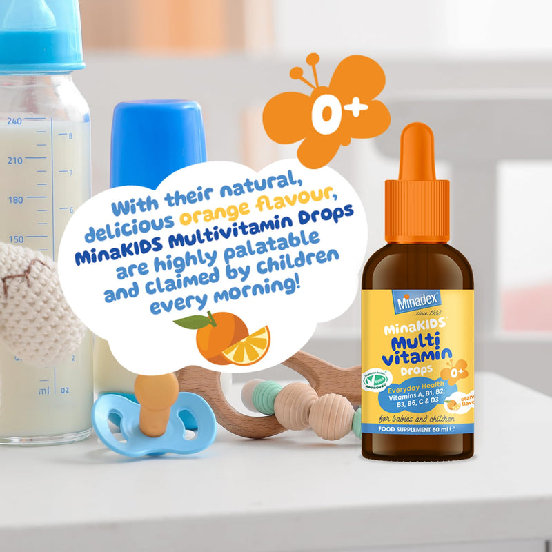 MinaKIDS Multivitamin Drops for Babies & Kids 60 ml – 7 Essential Vitamins to Support Brain Function, Growth, Immune Health for Kids 0-12 Years. Yummy Orange Flavour, Vegan, Dropper Included