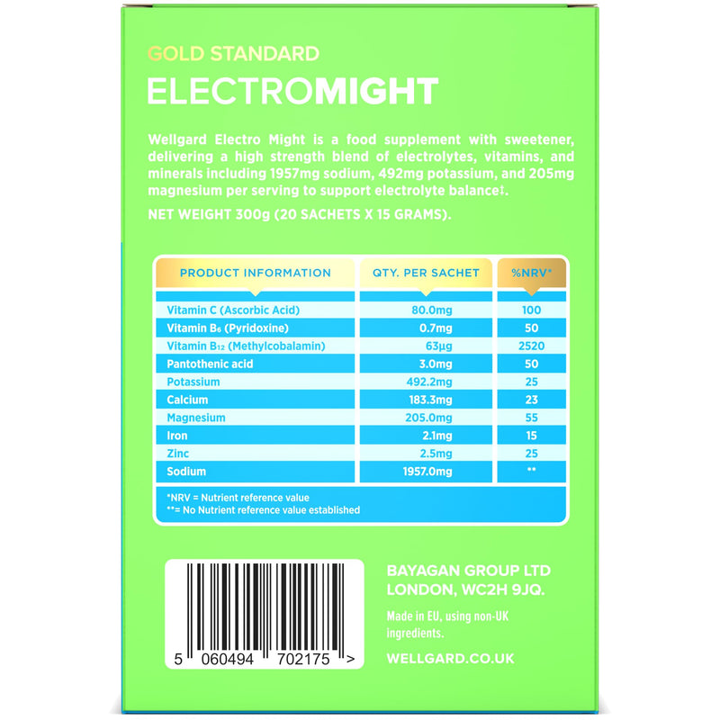 Wellgard Electromight Intense Electrolyte Powder Sachets, High Strength Electrolytes Sugar Free + Iron for Energy, 1,957mg Sodium, Magnesium, Potassium, Apple Flavour Rehydration Drink Mix, 20 Sachets