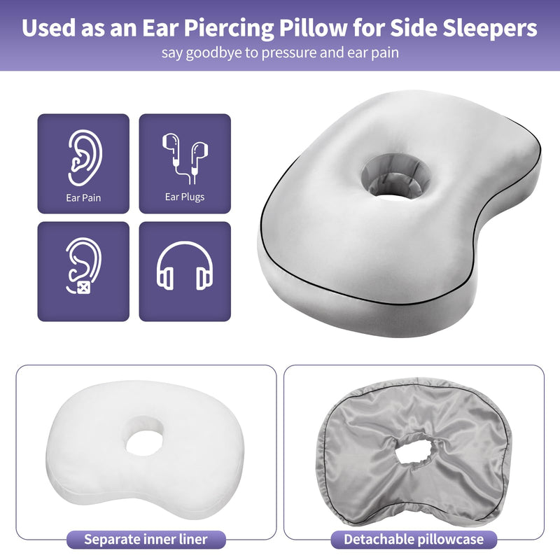[Australia] - Orthopedic Ear Piercing Pillow for Side Sleepers, Pain Relief Design with Removable Cover and Ear Hole, 12x19 Inch Pierced Ears Support Pillow With Silver Gray Artificial Silk Pillowcase 