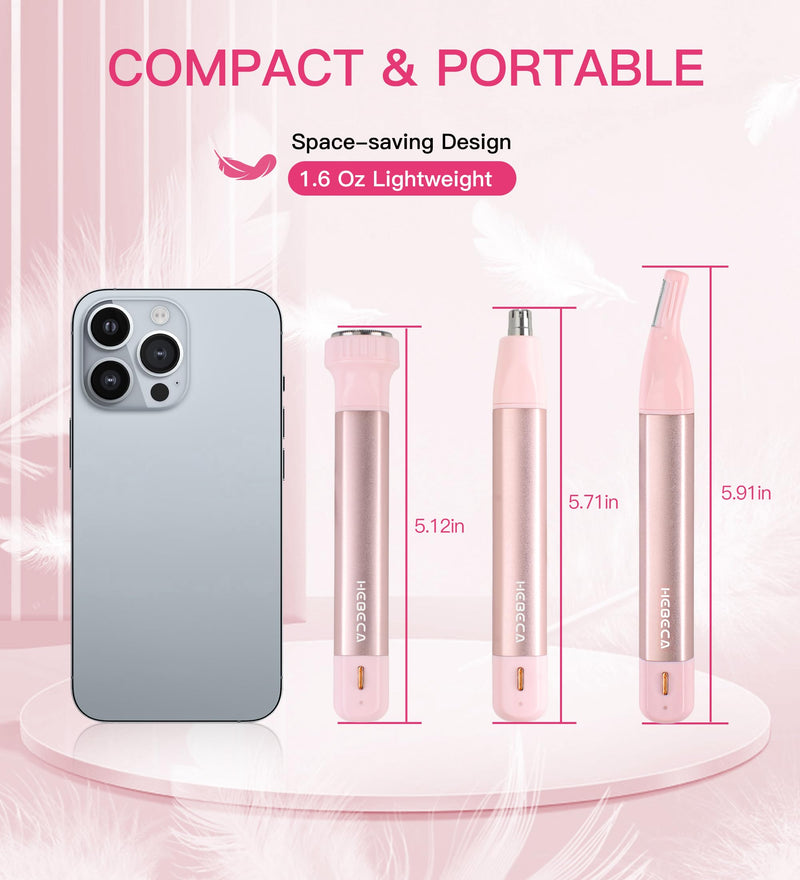 [Australia] - Nose Hair Trimmer for Women 3in1 Facial Hair Removal Trimmers with Storage Base - Waterproof, Portable USB Rechargeable with Travel Bag- Trims Nose, Ear, Eyebrow, Peach-Fuzz, Lips, Chin Face Hair 