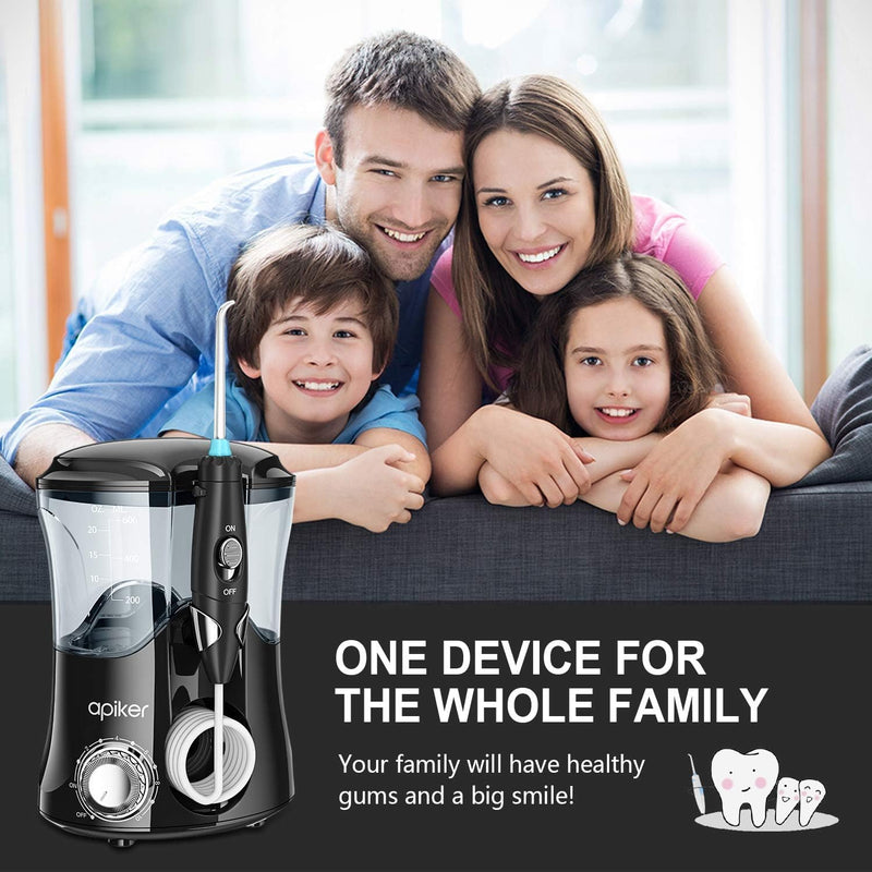 [Australia] - Apiker electric oral irrigator for dental cleaning between teeth, professional water flosser with stepless water pressure adjustment, 600 ml water tank, 8 different functional nozzles - black, elegant black 