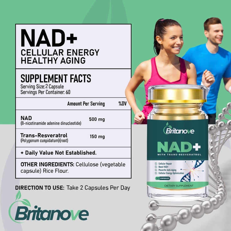 NAD+ with Trans Resveratrol Capsules 650mg, High Strength NAD+ Supplement for Energy, Anti-Aging, DNA Repair & Cellular Health 60 Capsules