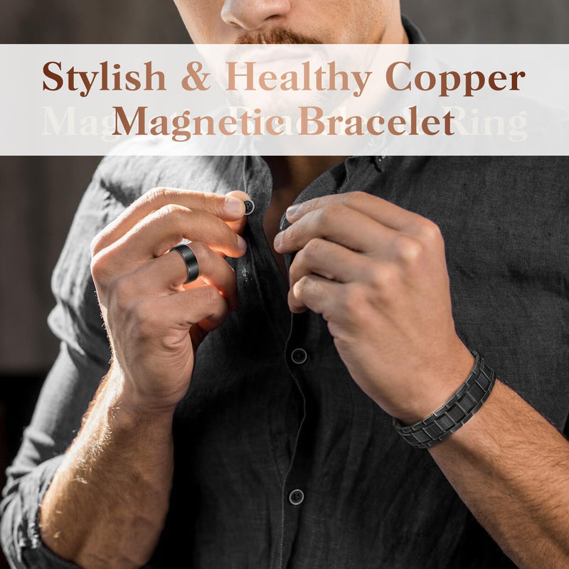 [Australia] - Mahnco Copper Bracelet for Men with Triple-Row Strong Magnets Magnetic Bracelets & Lymphatic Drainage Ring Set with Adjustable Sizing Tool, Magnetic Jewelry Gift (Black) Black-3X 
