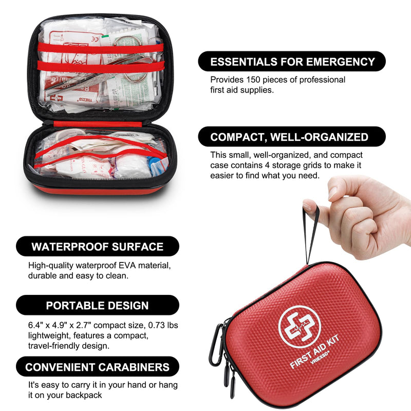 [Australia] - Mini First Aid Kit - 150 Piece Small Waterproof Hard Shell Medical Kit for Home, Car, Travel, Camping, Truck, Hiking, Sports, Office, Vehicle & Outdoor Emergencies- Small First Aid Medical Kit (Red) Red 
