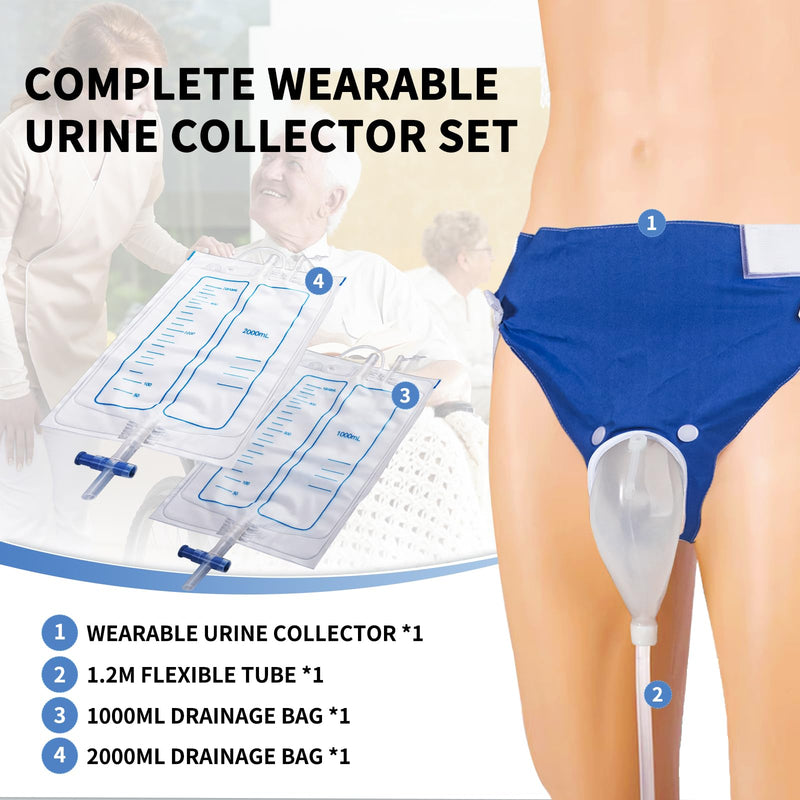 [Australia] - Wearable Urine Collection System with 1000ml & 2000ml Drainage Bags, Reusable Silicone Catheter, Soft Adjustable Cotton Pants for All-Day Comfort, Elderly Men Blue Elderly Male Blue 
