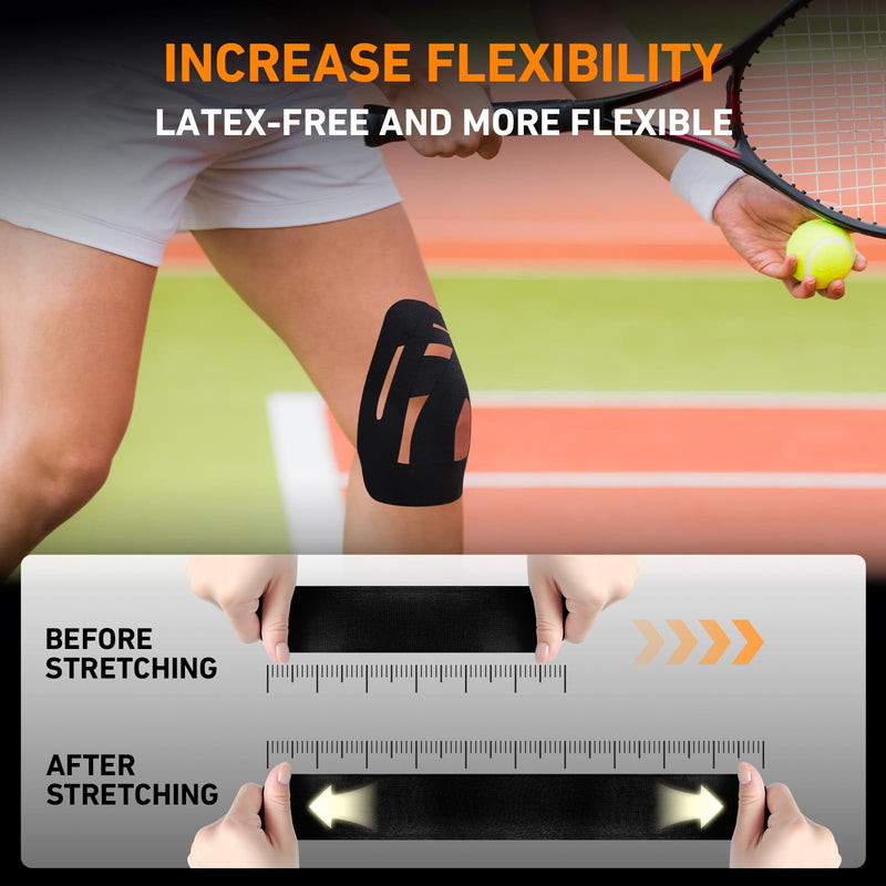 Precut Kinesiology Tape for Knees, KTQUICK 24PCS Sports Tape for Knee, New Waterproof Athletic Support Tape, Discomfort Relief & Breathable Elastic Tape Strapping for Sports and Muscle Pain(Black) Black
