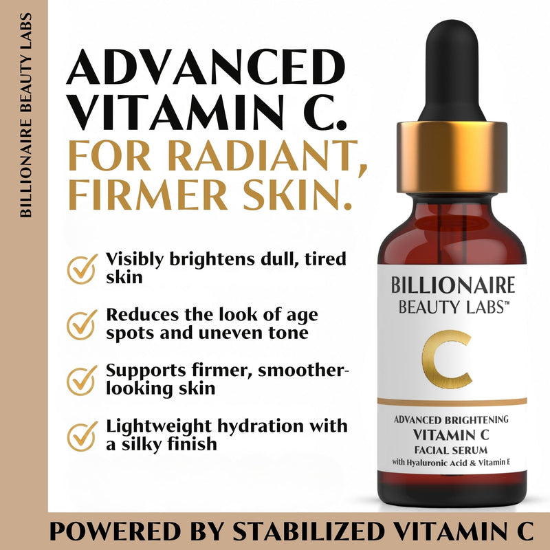 Billionaire Beauty Labs Vitamin C Serum for Face - Anti Aging Brightening Serum with Hyaluronic Acid & Vitamin E - Hydrating Facial Serum for Radiance, Fine Lines & Wrinkles - Made in USA 2 fl oz 2 Fl Oz (Pack of 1)