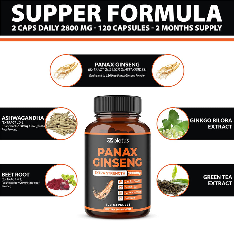 [Australia] - Zolotus Korean Red Panax Ginseng + Ginkgo Biloba - 2800mg Extra Strength with Ashwagandha, Beetroot, Green Tea - Support Strength, Stamina, Energy Production & Mood Balance - 120 Capsules 120 Count (Pack of 1) 
