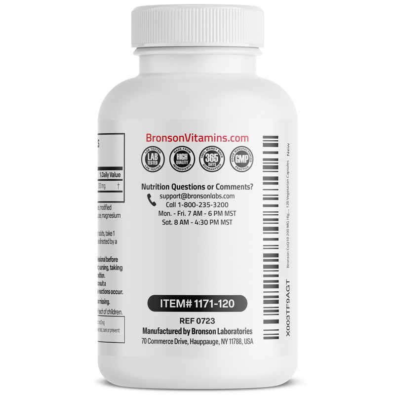 Bronson CoQ10 200 mg (Ubiquinone), High Potency, 120 Vegetarian Capsules | Cellular Energy Production, Powerful Antioxidant & Healthy Heart Function Support 120 Count (Pack of 1)