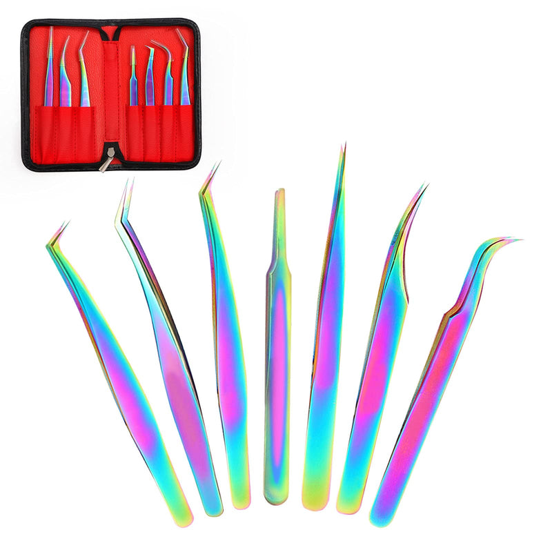 Eyelash Extension Tweezers Set, Fangze 7 Pcs Lash Kit Rainbow Stainless Steel Straight and Curved Tweezer for Nail Art Ingrown Hair Craft Eyelash Extension Tweezers