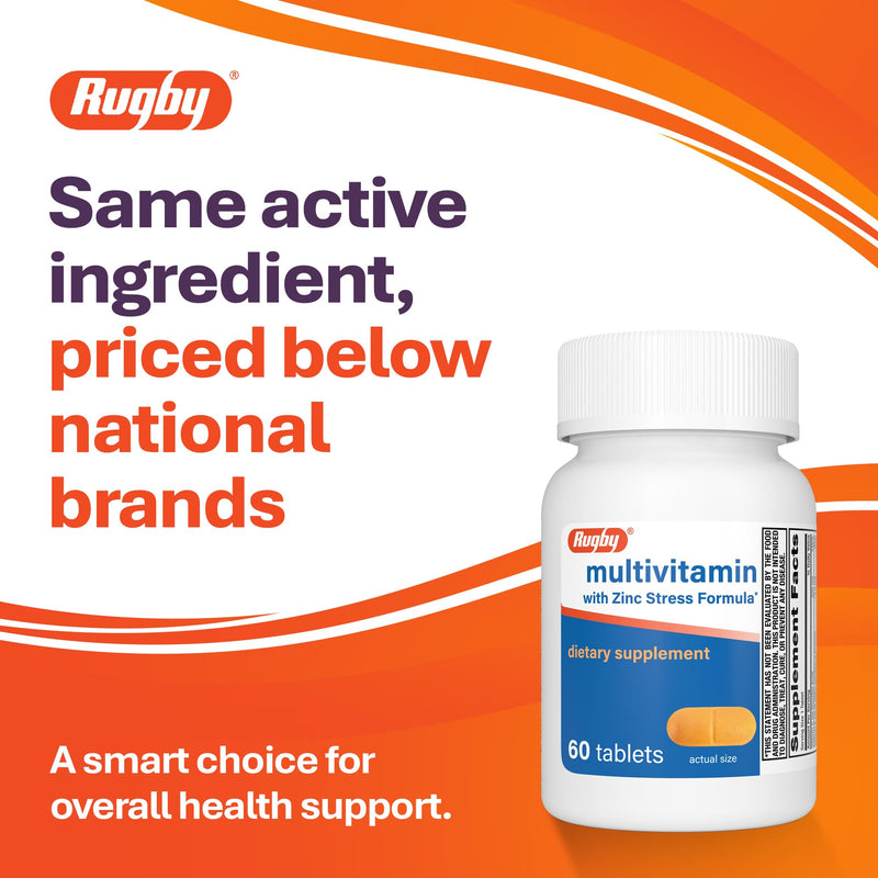Rugby Multivitamin with Zinc Stress Formula - 60 Count (1-Pack) | Supports Immune Health and Wellness, Daily Multivitamin for Adults with Vitamin B-Complex, C, E & Zinc, Gluten-Free