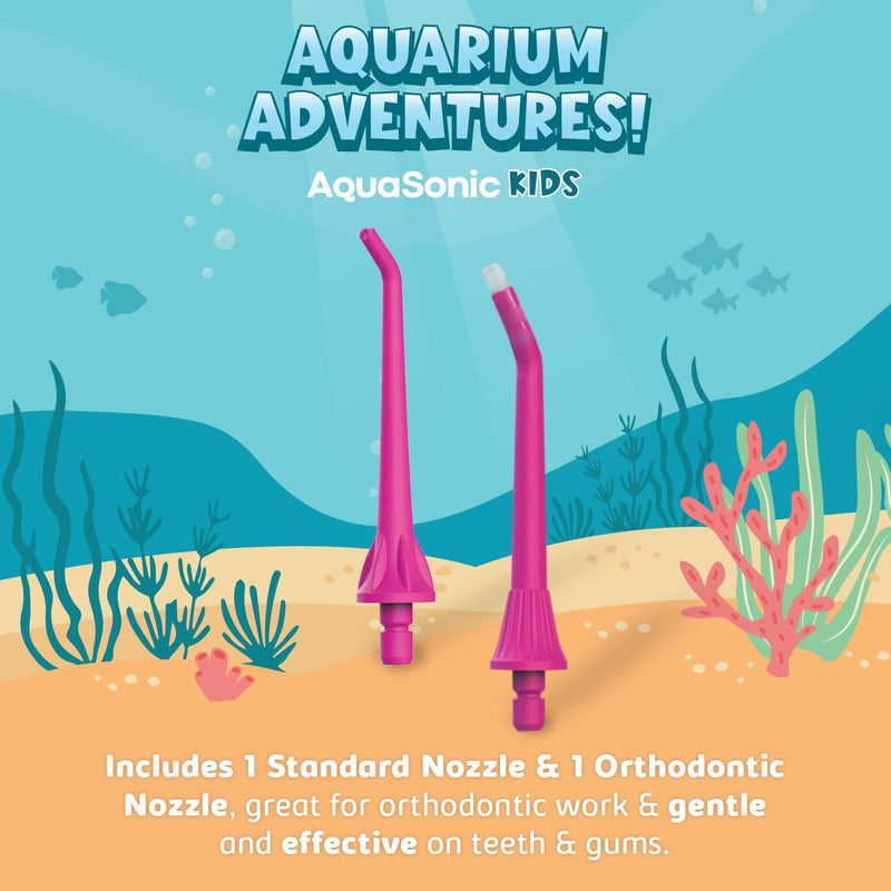 AquaSonic Kids' Water Flosser for Ages 6+ | Standard Nozzle, Orthodontic Nozzle & Waterproof Stickers | 4 Flossing Modes | Aquarium Adventures Theme (Pink) Pink