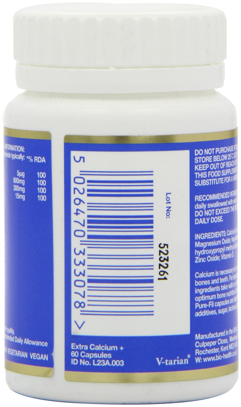 Bio-Health Extra Calcium 800mg Mineral Food Supplement for General Health with Magnesium, Zinc and Vitamin D, Supports the Maintenance of Bones and Teeth, Additive Free, 60 Capsules
