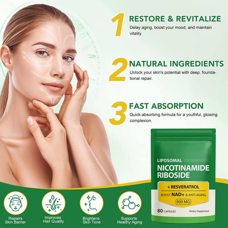 NAD Supplement NAD Nicotinamide Riboside 900mg Boost NAD+ Support Cellular Energy & Anti-Aging Vegan Safe, Non-GMO-80 Capsules 80 Capsules