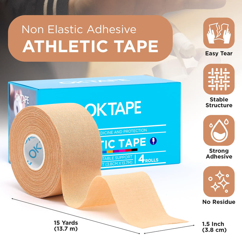 [Australia] - OK TAPE 4 Rolls Athletic Tape, Sports Tape for Injuries, Rigid, Easy Tear Medical Tape, Wrist Tape, No Sticky Residue | Secure Ankle, Finger, Knee- 1.5inch x 15yards (Beige) Beige-4 Rolls 