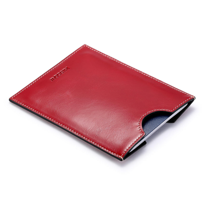 HISCOW Minimalist Leather Passport Sleeve, Slim Holder, Antiqued Red | Full grain cowhide, quick-access U-notch, RFID blocking cover, soft smooth lining, international travel essentials