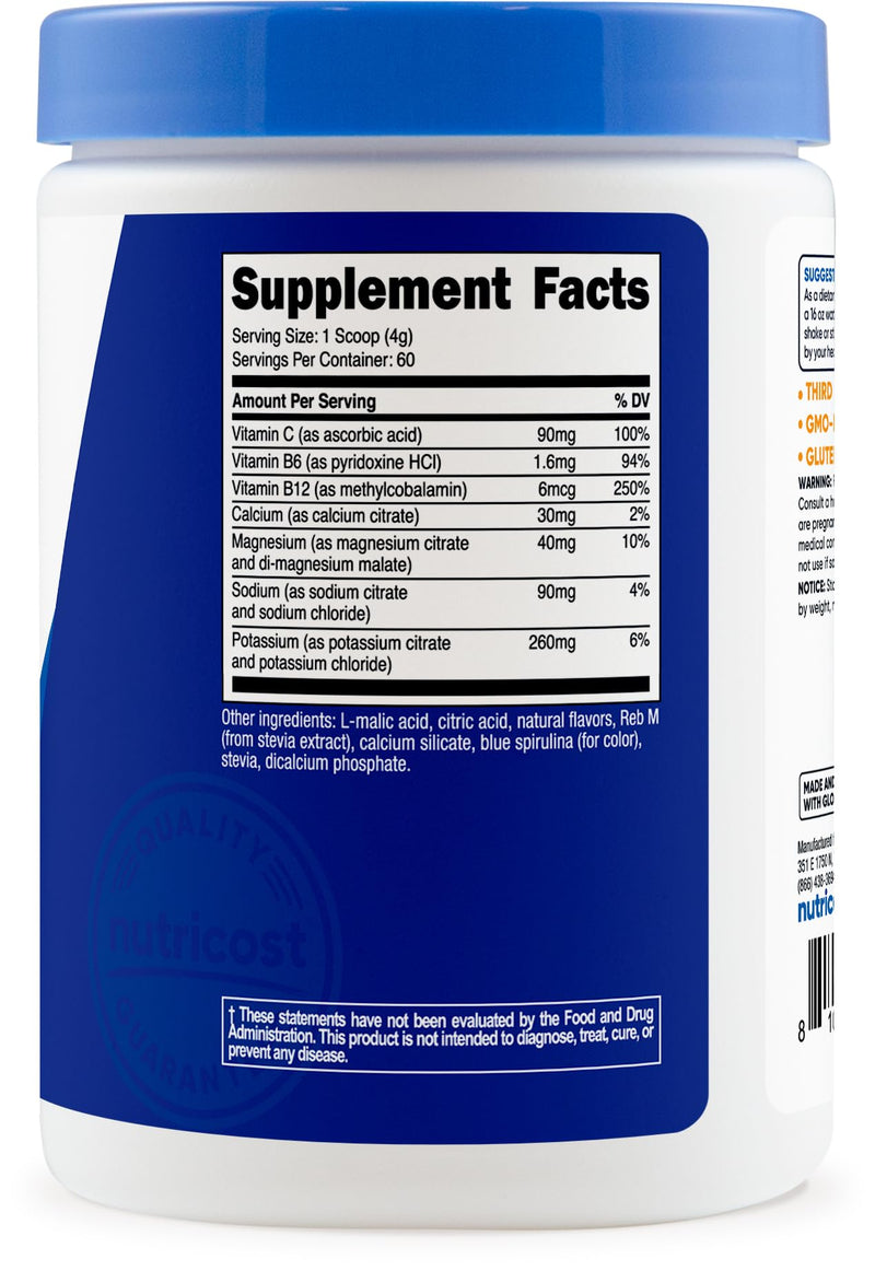 Nutricost Electrolyte Complex Powder, 60 Servings, Blue Raspberry | Hydration Supplement Drink Mix, With Vitamins and Minerals 8.4 Ounce (Pack of 1)