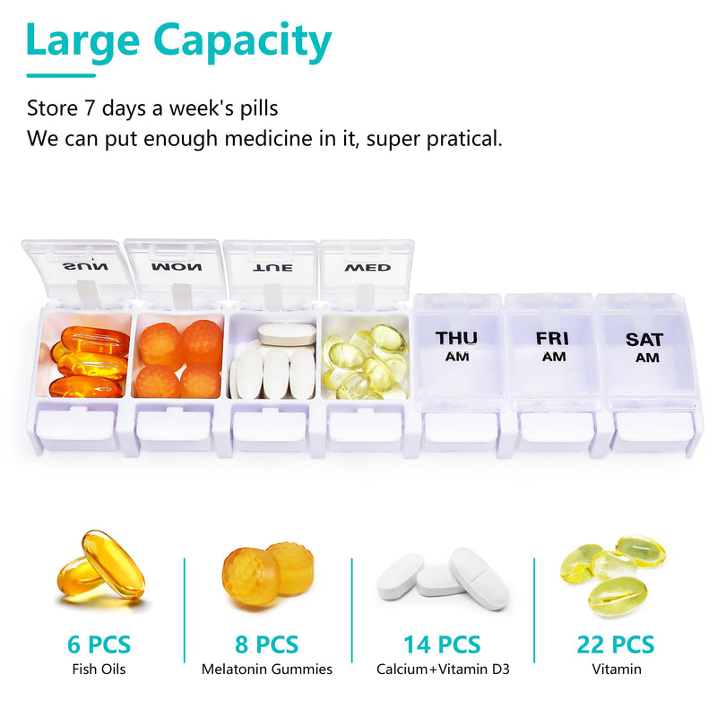 Large Pill Boxes and Organizer 2 Times a Day, MOLN HYMY 7 Day AM PM Pill Case, 14 Compartments Pill Dispenser to Hold Big Vitamin Supplements Fish Oil (Black+White) White & Black