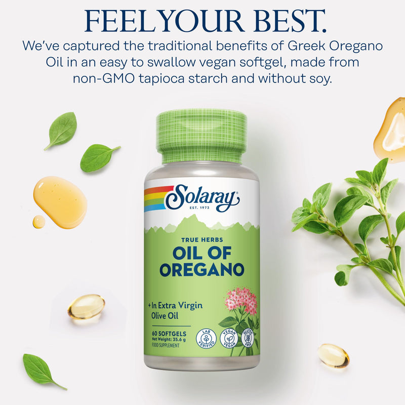 Solaray Oil of Oregano 150mg - 60 Vegan Softgels - Natural Source of Omega 3 & 6 Fatty Acids - High Strength Supplement with Extra Virgin Olive Oil for Gentle Digestion - Lab Verified