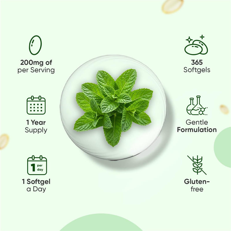 Peppermint Oil Capsules 200mg - 1 Year Supply - 365 Softgels - 1 Per Day - Easy to Consume - Peppermint Oil Softgels - Lactose-Free & Gluten-Free Supplement - Non-GMO & GMP-Approved
