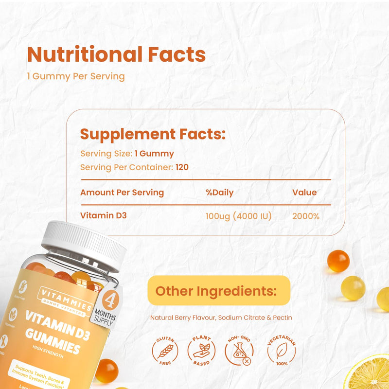Vitammies Vegan Vitamin D3 Gummies 4000 IU | High Strength Vitamin D Chewable Gummy | 4 Month Supply | Vegetarian | Gluten-Free | Non-GMO | 120 Count | Lemon Flavour | Vitamin D Gummies for Adults Vitamin D3 Gummies 4000IU