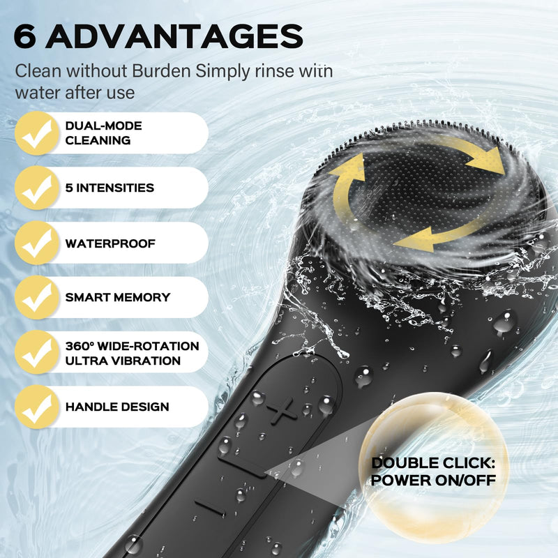 Facial Cleansing Brush with Big Electric Round Brush Head - 2 in 1 Spin and Automatic Foam Patented Tech, Wide Surface Cleaning, Waterproof Rechargeable Face Scrubber for Men and Women