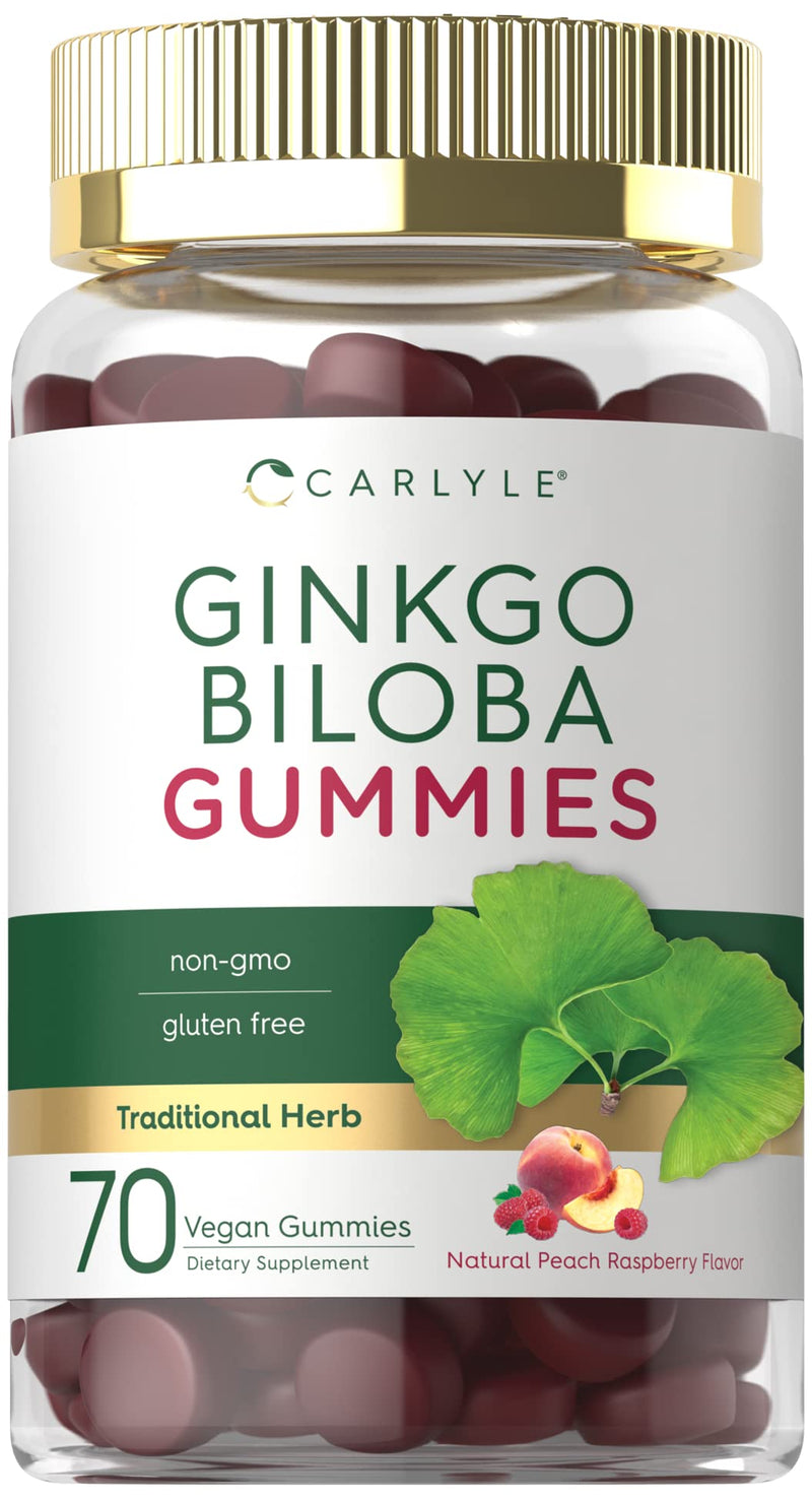 Carlyle Ginkgo Biloba 300mg | 70 Gummies | 45:1 Leaf Extract | with Peach Raspberry Flavor | Vegan, Non-GMO, Gluten Free Supplement