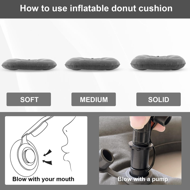 2 Pack Inflatable Donut Pillow, Portable Hemorrhoid Pillows for Sitting, Seat Donut Cushions for Pressure Relief, Butt Cushion for Tailbone Pain for Home, Office or Car (Gray)