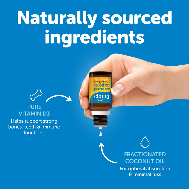 Ddrops Adults 25 µg 60 Drops - Liquid Vitamin D3 Supplement Supports Bones, Immune System - Naturally-sourced Ingredients, No Large Capsules, No Preservatives, Non-GMO, Allergen-Friendly