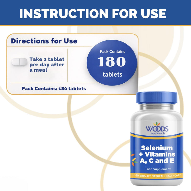 Woods Supplements - 10,000mg High Strength Selenium + Vitamins 180x Vegan Tablets. Antioxidant Supplement with Vitamin A, C and E for Immune System, Thyroid Support and Healthy Hair and Nails 180