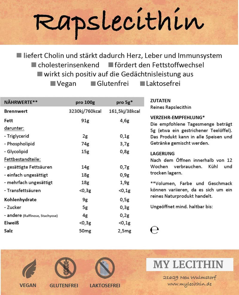 [Australia] - Rapeseed lecithin 1000gr | Pure lecithin | High bioavailability | Quality from Germany | vegan 