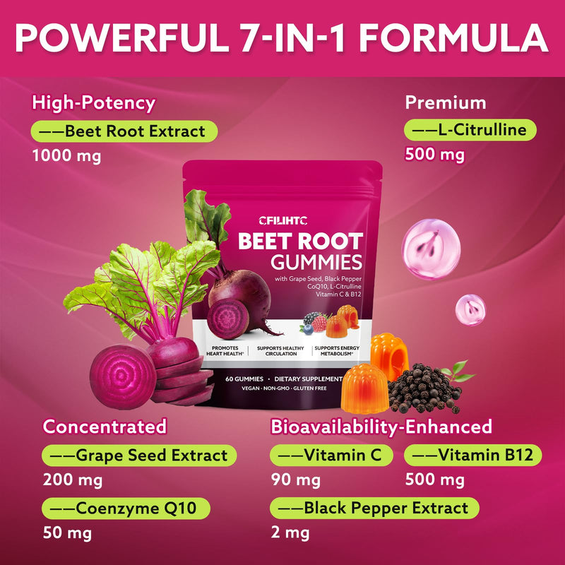 Beetroot Gummies - Beet Root for High Blood Pressure Supplements with Grape Seed Extract + CoQ10 + Black Pepper Extract + L-Citrulline + Vitamin C B12 Ultimate Heart for Blood Flow & Energy, 60 Count Mixed Berry 60 Count (Pack of 1)