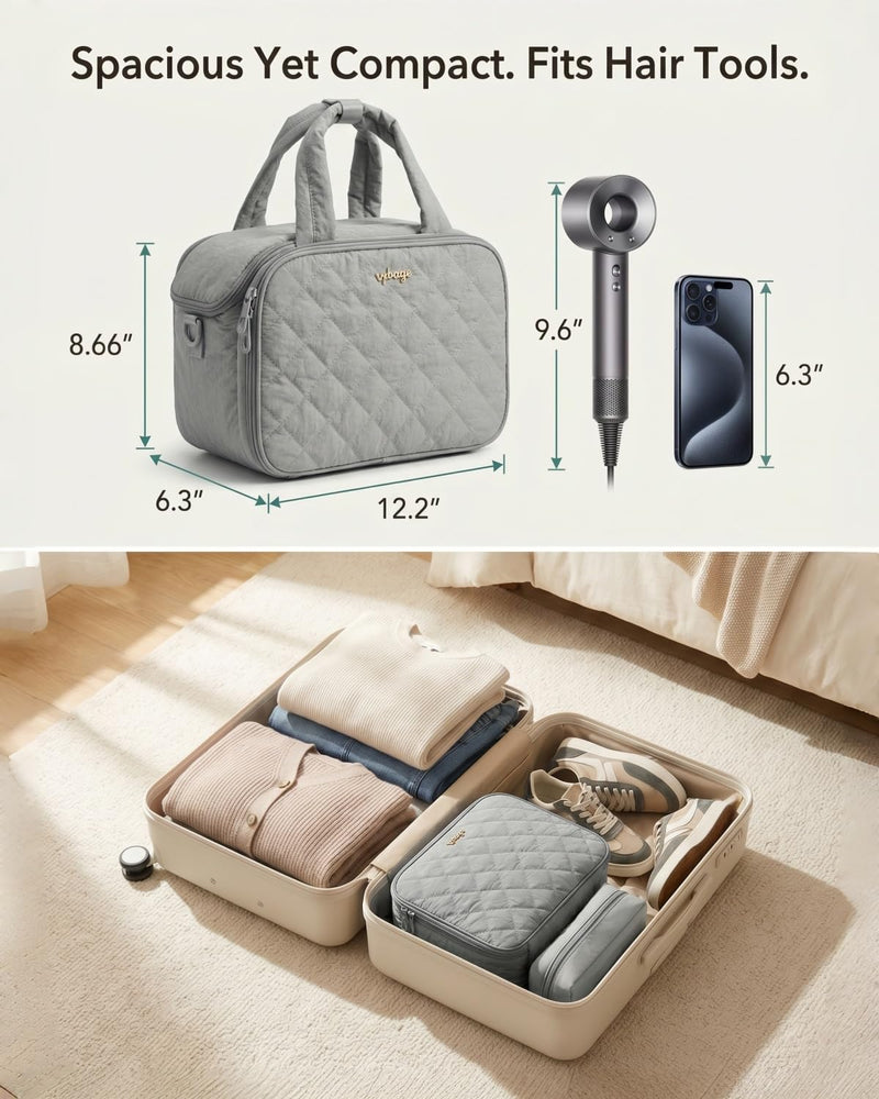 Large Quilted Toiletry Bag for Women, Puffy Travel Makeup Organizer with Removable Divider & Shoulder Strap, Waterproof Standing Cosmetic Case for Full-Size Toiletries, Gym, Vacation Light Gray