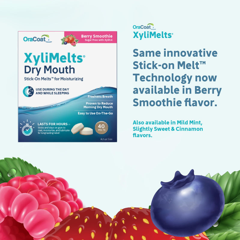 [Australia] - OraCoat XyliMelts Dry Mouth Relief Moisturizing Stick-On Melts Berry Smoothie with Xylitol, For Dry Mouth, Stimulates Saliva, Non-Acidic, Day and Night Use, Time Release, 40 Count 
