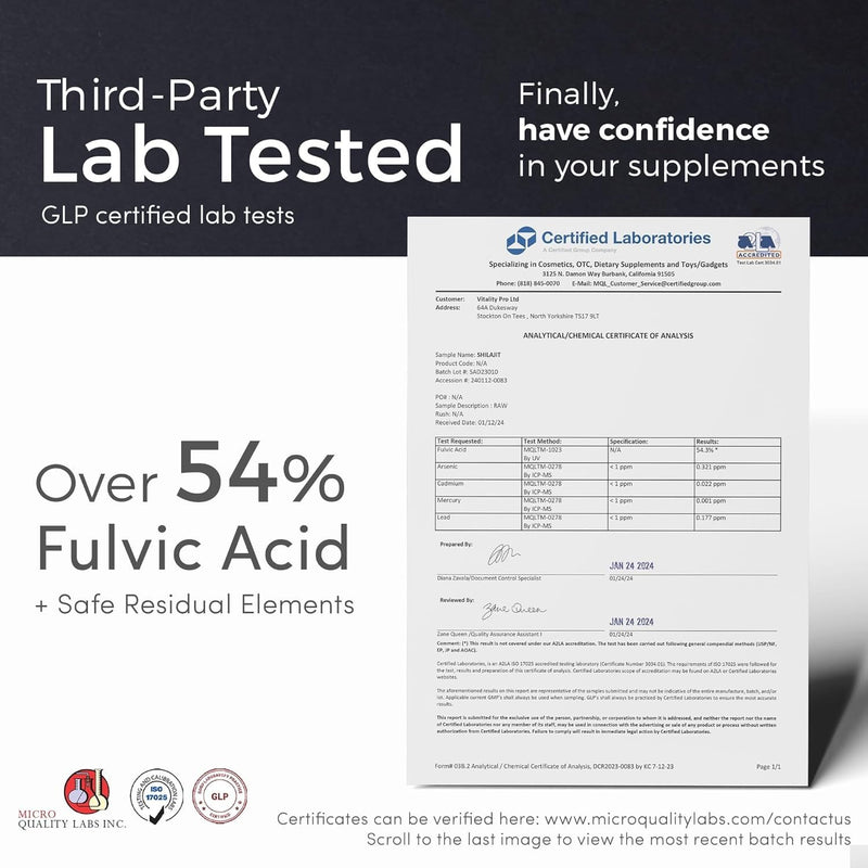 vP Vitality Pro Shilajit Supplement 250mg x 90 Capsules | Over 50% Fulvic Acid, Third Party Tested, 22.5 grams