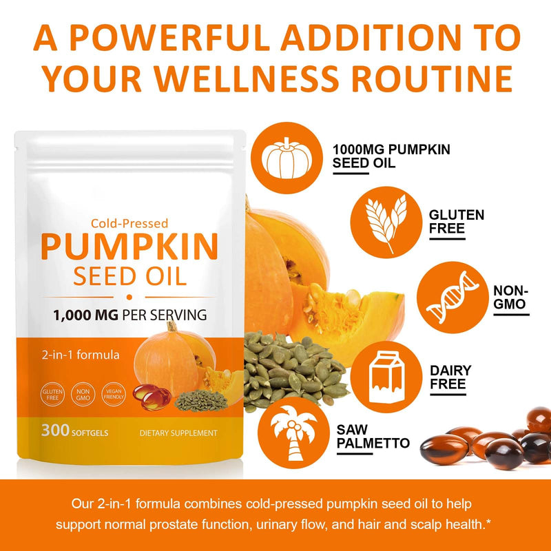 [Australia] - Pumpkin Seed Oil Capsules 1000mg Per Serving, Cold Pressed Pumpkin Seed Oils for Hair Growth, Pure & Natural Supplement, 300 Softgels 