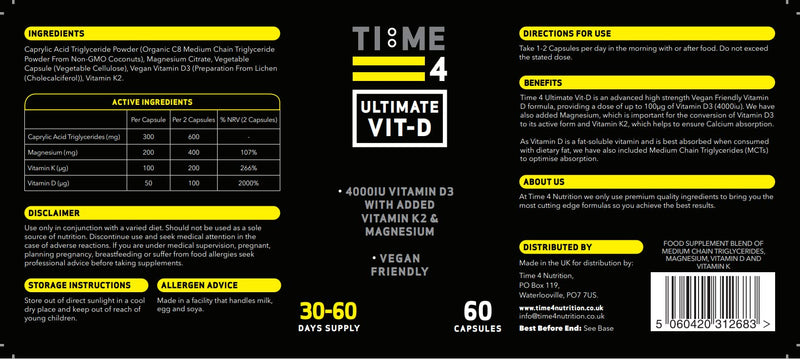 Time 4 Ultimate Vitamin D – Vitamin D3 4000iu, 200mcg Vitamin K2 (MK7), 400mg Magnesium, 600mg Caprylic Acid In 2 Easy To Swallow Capsules – Vegan Friendly, Gluten Free, 30-60 Day Supply – 60 Capsules