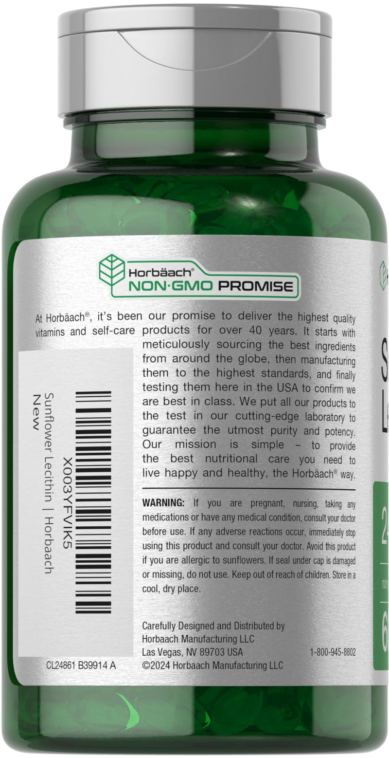 Horbäach Sunflower Lecithin 2400mg | 60 Softgel Capsules | Naturally Occurring Phospholipids | Non-GMO, Gluten Free Supplement |