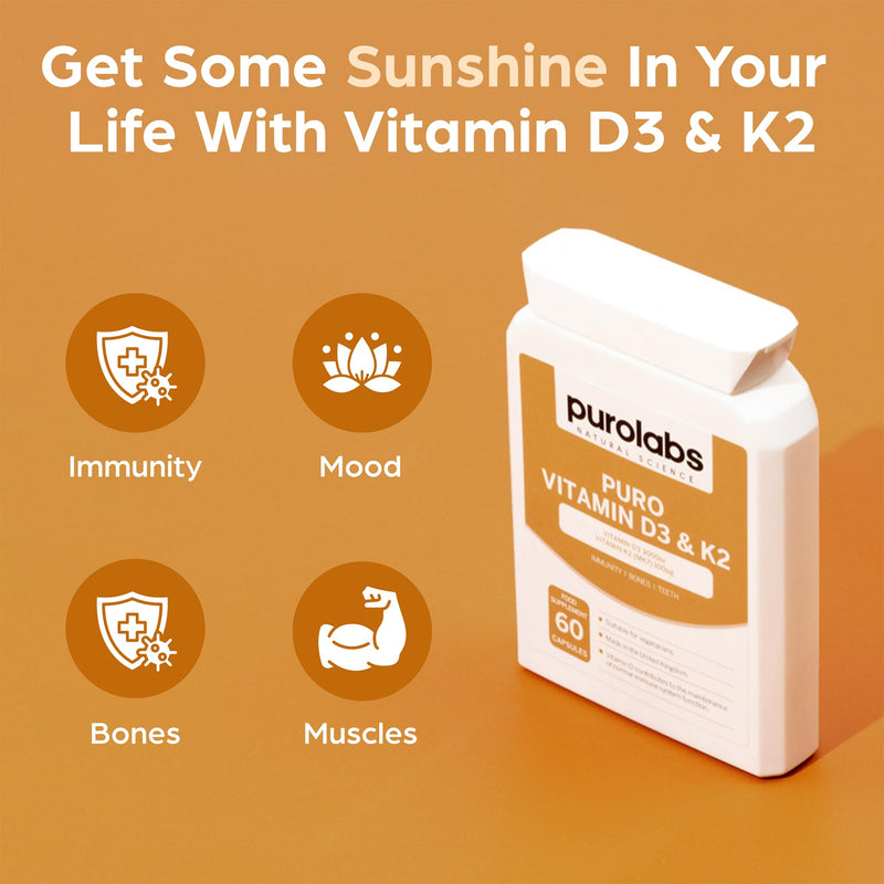 Purolabs Vitamin D3 3000iu & K2 100ug (MK7) - High Strength Vitamin D Supplement for Immune Support, Mood & Bone Health - Vitamin D3 K2 Vegetarian Capsules - Vitamin D Tablets 60 Count