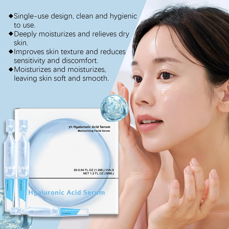 30PCS Ultra Hydrating Serum 3% - Hyaluronic Acid Smoother Face Serum, Enriched Hyaluronic Acid, Collagen, Vitamin E Moisturizing, Plump, Fine Lines, Wrinkles, Repair for All Skin