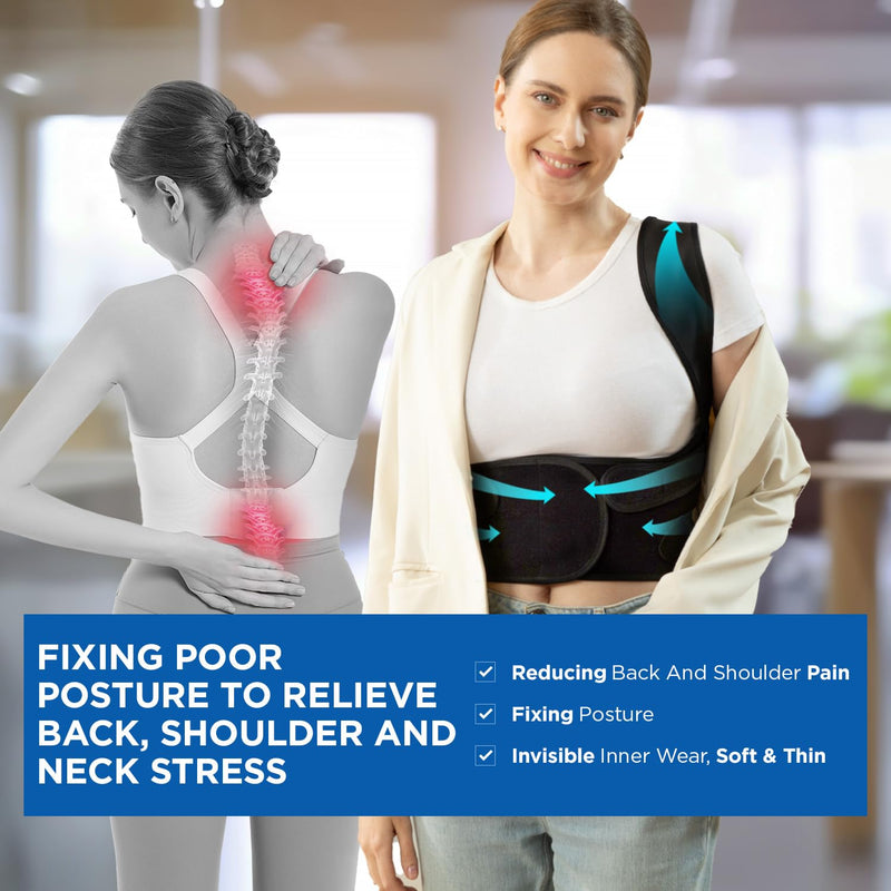 [Australia] - Vicorrect Posture Corrector for Women and Men: Back Brace Support - Shoulders Straightener Relieve Upper Back Pain (Black, Large) Black 