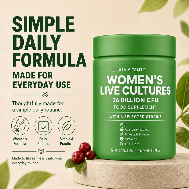 Women's Live Cultures Food Supplement - 26 Billion CFU, 6 Selected Strains with Cranberry Extract, Pineapple Powder, GOS & Vitamin C - 90 Capsules, 1-a-Day Formula for Women, 90 Day Supply 90 count (Pack of 1)