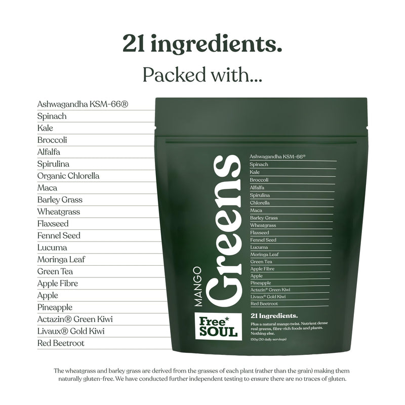 Free Soul Greens | 21 Advanced Greens, Superfoods, and Adaptogens Including KSM-66 Ashwagandha, Vegan & Gluten-Free, Advanced Natural Formula | UK Made | 30 Servings | Mango Flavour