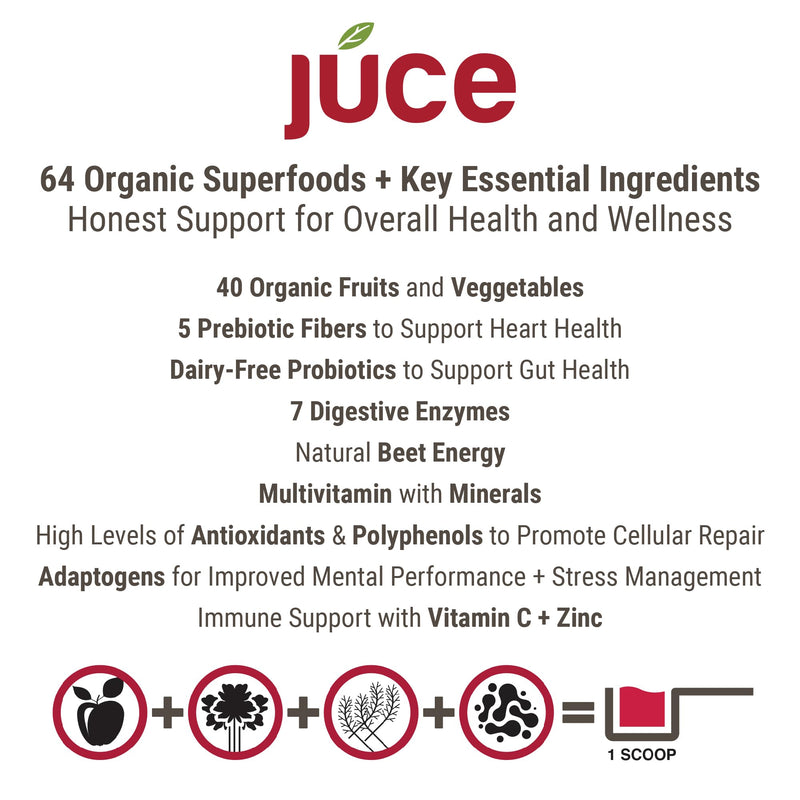Juce Reds Organic Superfood Powder | Beet Root, 64 Superfoods | 20 Servings | Garden Berry flavor | Probiotics, digestive enzymes & adaptogens | USDA Organic, Non-GMO, Gluten Free