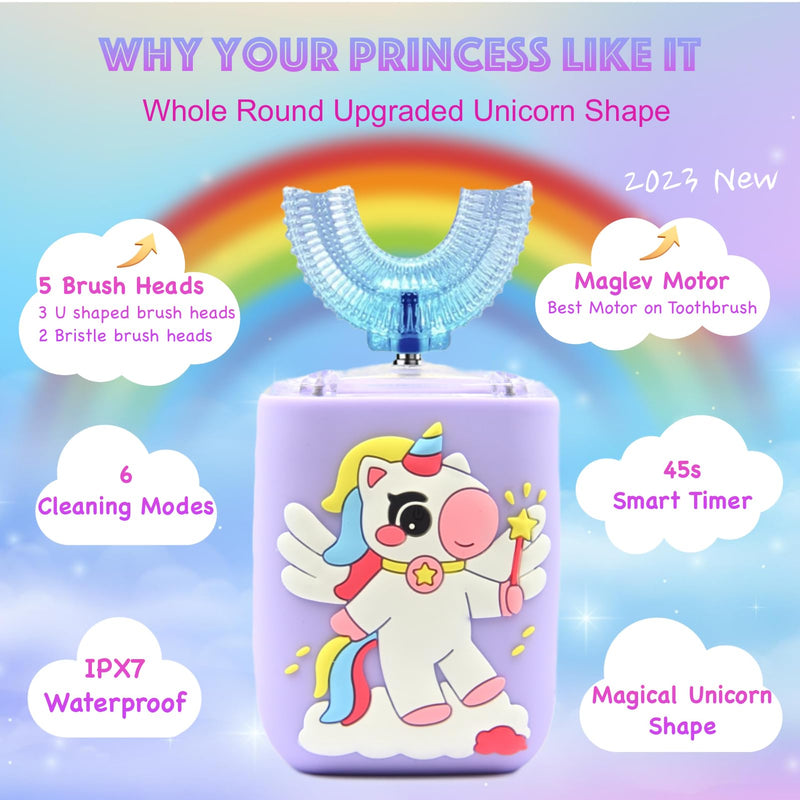 [Australia] - Kids Electric Toothbrush U Shaped Toddler Auto Sonic Toothbrushes with 5 Brush Head, Cartoon Unicorn Ultrasonic 360° Full Mouth Cleaning Automatic Toothbrushes for Children 2-7 Years Unicorn (Ages 2-7) 