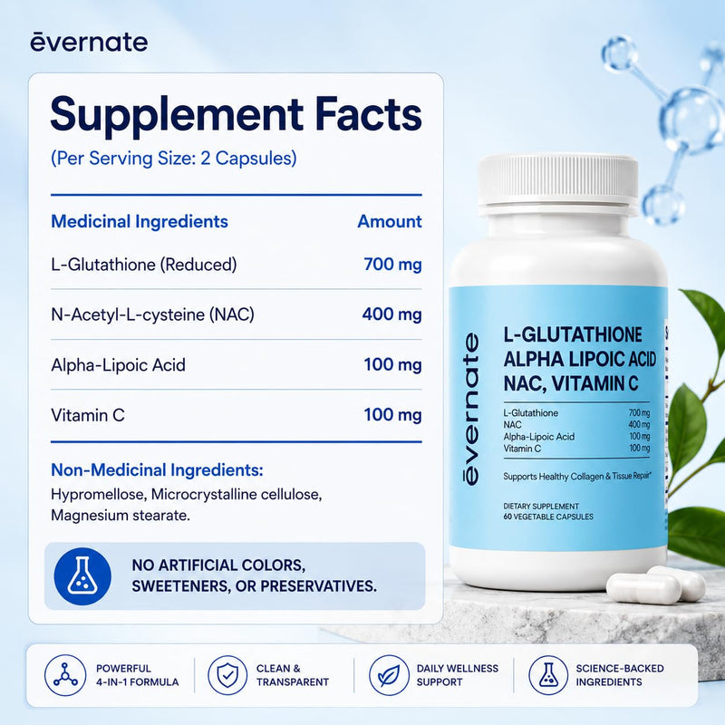 Evernate 4-in-1 L-Glutathione 700mg with NAC 400mg, Alpha Lipoic Acid 200mg & Vitamin C – Skin Brightening, Liver Detox, Immune Support & Antioxidant Defense – 60 Vegan Capsules