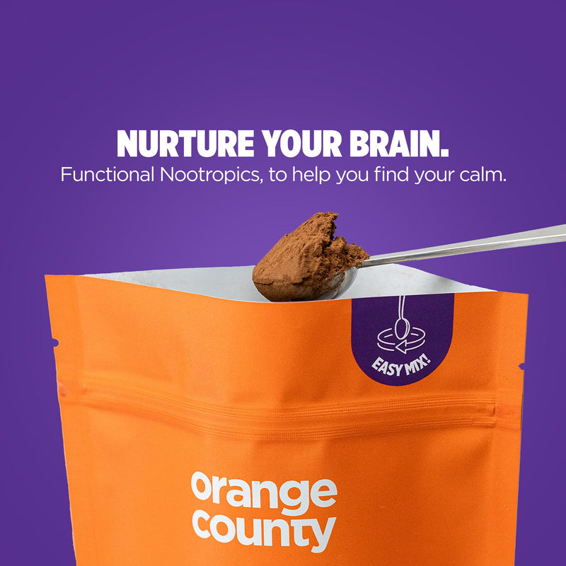 Orange County Mushroom Drink with Ashwagandha, Maitake, Shiitake, Reishi, Chamomile, Passionflower | Calm, Unwind, Sleep Adaptogen | Brain Food. | Chocolate Flavoured Powder