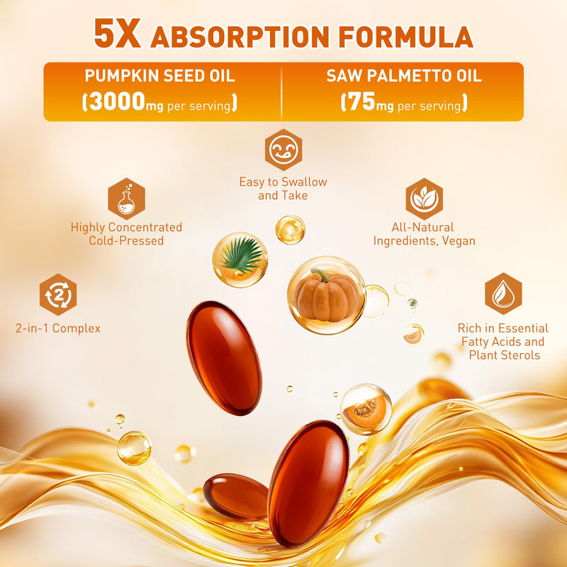 [Australia] - Pumpkin Seed Oil with Saw Palmetto, Pumpkin Seed Oil for Hair, Cold Pressed, Pure Virgin, Essential Fatty Acids & Phytosterols, 3000mg Per Serving, 300 Softgels 