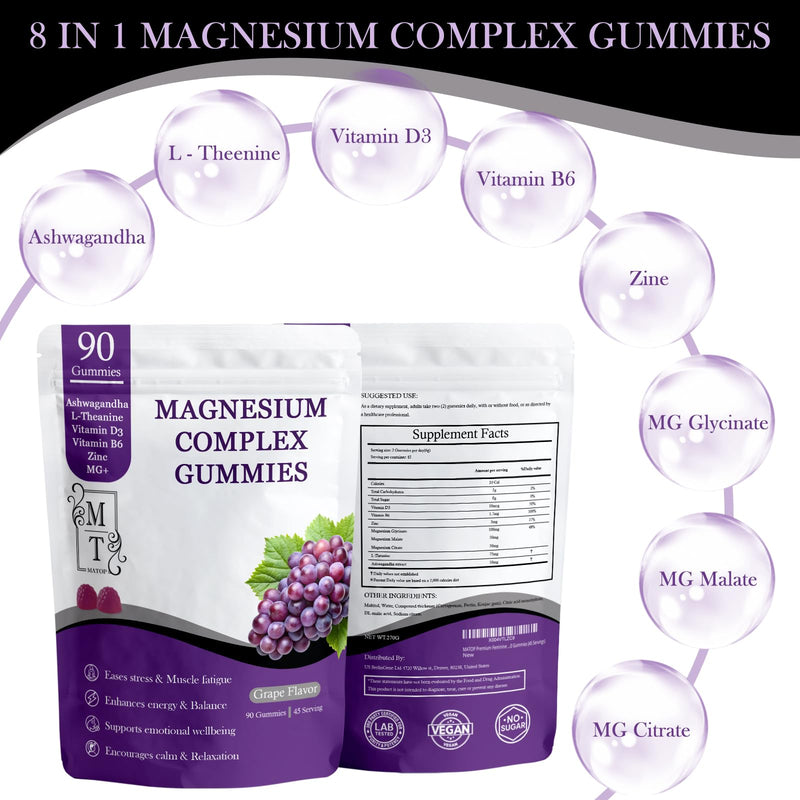 MATOP Magnesium Complex for Women Gummies - 8 in 1 Triple Magnesium Complex (Glycinate, Malate, Citrate) with L-Theanine, Ashwagandha, Vitamin D3, B6 & Zinc - Stress, Calm & Focus - 90 Vegan Gummies